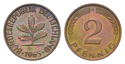 ФРГ 2 пфеннига 1965 G KM 106, J. 381 бронза 214-338