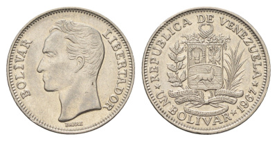 Венесуэла 1 боливар 1967 Симон Боливар, год-тип Y 42 никель 4132-1046