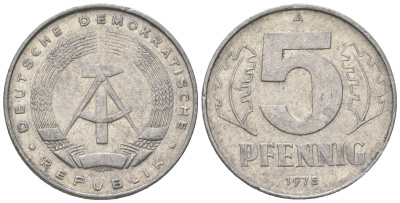 ГДР 5 пфеннигов 1975 A KM 9.1 алюминий 4625-1112
