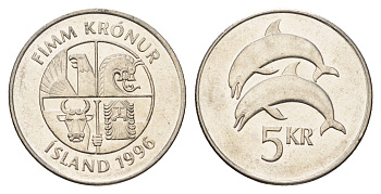 Исландия 5 крон 1996 дельфины KM 28a сталь плакированная никелем UNC 4589-1045