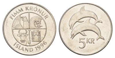 Исландия 5 крон 1996 дельфины KM 28a сталь плакированная никелем UNC 4589-1045