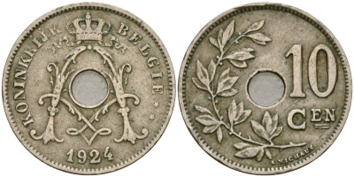 Бельгия 10 сантимов 1924 Belgie KM 86 медно-никель 4135-1017