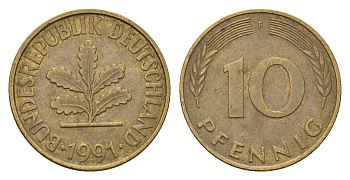 Германия 10 пфеннигов 1991 F KM 108, J. 383 сталь плакированная латунью 4684-1221