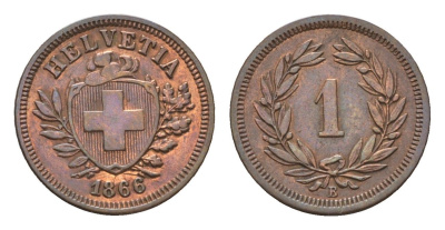 Швейцария 1 раппен 1866 B KM 3.1 бронза 1530-431