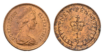 Великобритания 1/2 новый пенни 1971 Елизавета II (1952-2022) KM 914, Spink 4239 бронза UNC 96-634