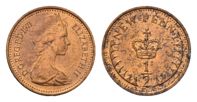 Великобритания 1/2 новый пенни 1971 Елизавета II (1952-2022) KM 914, Spink 4239 бронза UNC 96-634