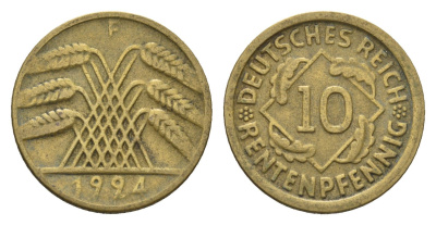 Германия 10 рентенпфеннигов 1924 F KM 33, J. 309 алюминиевая бронза 4697-745
