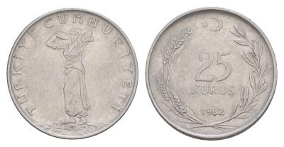 Турция 25 курушей 1962 KM 892.2 нержавеющая сталь 4577-336