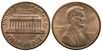 США 1 цент 1983 D, Линкольн KM 201b цинк плакированный медью    4608-365