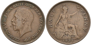 Великобритания 1/2 пенни 1931 Георг V (1910-1936) KM 837, Spink 4058 бронза 4126-744