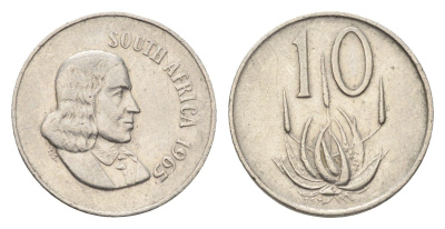 ЮАР 10 центов 1965 Ян ван Рибек (1619-1677), South Africa, легенда на африкаанс, цветок алоэ KM 68.1 никель 4694-557