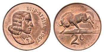 ЮАР 2 цента 1967 Ян ван Рибек (1619-1677), Suid Africa, легенда на африкаанс, антилопа гну KM 66.2 бронза UNC 4693-243