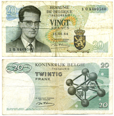 Бельгия 20 франков 1964 Бодуэн I, атомиум, d Haeze Pick 138 (1) бумага 6312-4-2-2