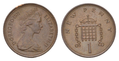 Великобритания 1 новый пенни 1971 Елизавета II (1952-2022) KM 915, Spink 4237 (B1) бронза 99-241