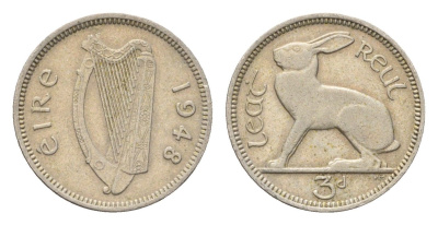 Ирландия 3 пенса 1948 заяц KM 12a медно-никель 4696-436