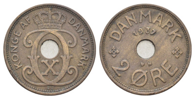 Дания 2 эре 1937 N, Кристиан X (1912-1947) KM 827 бронза 4701-848
