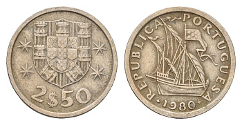 Португалия 2,5 эскудо 1980 KM 590 медно-никель 4669-446