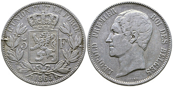 Бельгия 5 франков 1865 Леопольд I (1831-1865) KM 17 серебро 1066-20-52