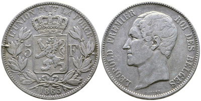 Бельгия 5 франков 1865 Леопольд I (1831-1865) KM 17 серебро 1066-20-52