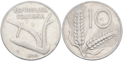 Италия 10 лир 1953 R, плуг, колосья KM 93 алюминий  4595-145