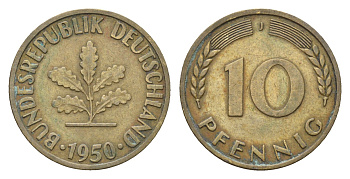 ФРГ 10 пфеннигов 1950 J KM 108, J. 383 сталь плакированная латунью 4616-1155