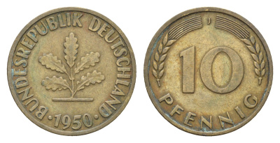 ФРГ 10 пфеннигов 1950 J KM 108, J. 383 сталь плакированная латунью 4616-1155