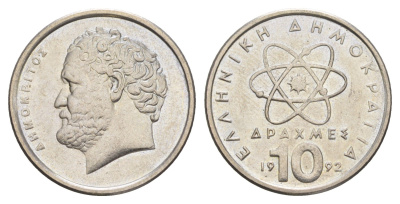 Греция 10 драхм 1992 Демокрит KM 132 медно-никель UNC 4575-212