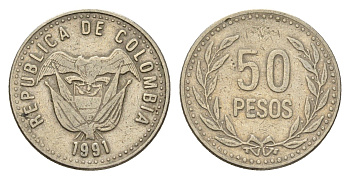 Колумбия 50 песо 1991 KM 283 медь цинк никель 4142-612