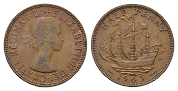 Великобритания 1/2 пенни 1963 Елизавета II (1952-2022) KM 896, Spink 4158 бронза 92-313