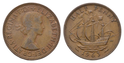 Великобритания 1/2 пенни 1963 Елизавета II (1952-2022) KM 896, Spink 4158 бронза 92-313