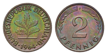 ФРГ 2 пфеннига 1964 F KM 106, J. 381 бронза 4564-1112