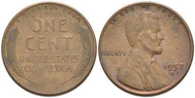 США 1 ЦЕНТ 1957 D, ЛИНКОЛЬН KM А132 медь цинк 218-314