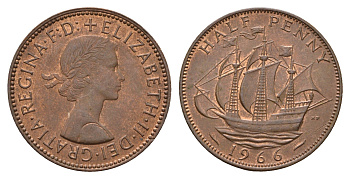 Великобритания 1/2 пенни 1966 Елизавета II (1952-2022) KM 896, Spink 4158 бронза 92-722