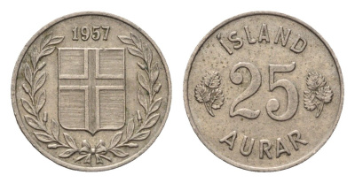 Исландия 25 эйре 1957 KM 11 медно-никель 4696-327