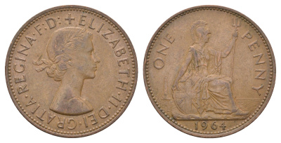 Великобритания 1 пенни 1964 Елизавета II (1952-2022) KM 897, Spink 4157 бронза 4661-922