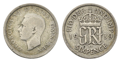 Великобритания 6 пенсов 1939 Георг VI (1936-1952) KM 852, Spink 4084 серебро 4690-749