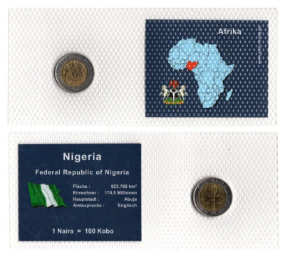 Нигерия 1 найра 2006 в красочной упаковке с информацией о стране KM 18 биметалл UNC 2-4-2-59