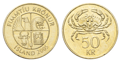 Исландия 50 крон 2005 краб KM 31 никель латунь UNC 4695-545
