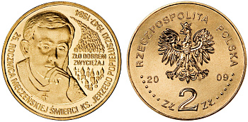 Польша 2 злотых 2009 MW, 25 лет со дня убийства Ежи Попелушко (1947-1984) KM 700 нордик UNC 4676-547