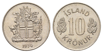 Исландия 10 крон 1974 KM 15 медно-никель UNC 4586-826