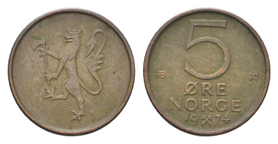 Норвегия 5 эре 1974 Улаф V (1957-1991) KM 415 бронза 4684-725