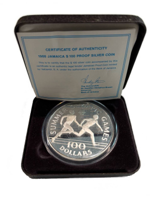 Ямайка 100 долларов 1988 XXIV летние Олимпийские Игры, эстафета, в оригинальной упаковке, с сертификатом подлинности KM 135 серебро PROOF 8-2-07-12