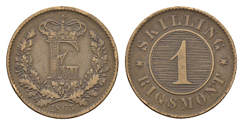 Дания 1 скиллинг 1863 KM 763 бронза 4152-215