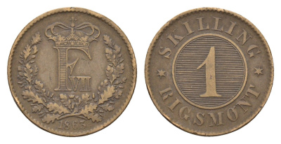 Дания 1 скиллинг 1863 KM 763 бронза 4152-215