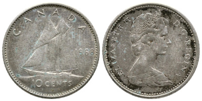 Канада 10 центов 1968 Елизавета II (1952-2022), парусник KM 73 никель 179-1068