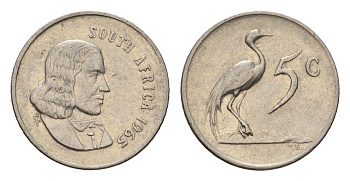 ЮАР 5 центов 1965 Ян ван Рибек (1619-1677), South Africa, легенда на англинском, райский журавль KM 67.1 медно-никель 4682-723