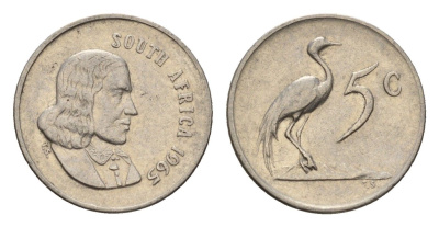 ЮАР 5 центов 1965 Ян ван Рибек (1619-1677), South Africa, легенда на англинском, райский журавль KM 67.1 медно-никель 4682-723