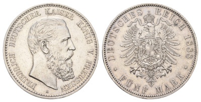 Пруссия 5 марок 1888 A, Фридрих III (1888), год-тип KM 512 серебро 270-1425