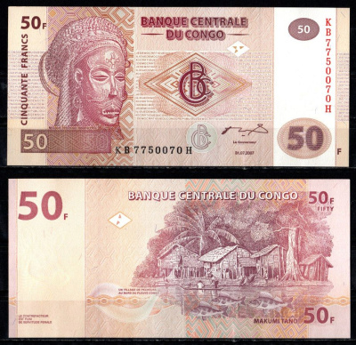 ДР Конго 50 франков 2007 Pick 91 бумага UNC (пресс) 7487-23-2-2