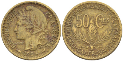 Французский Камерун 50 сантимов 1924 (а), монетный двор Париж KM 1 алюминиевая бронза 72-1641